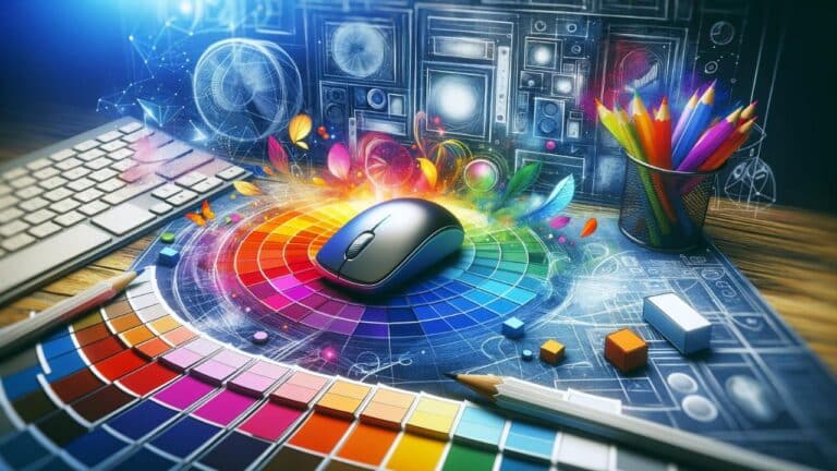 Farbpsychologie im Webdesign - Coverbild_Desk mit Maus und Farbpalette