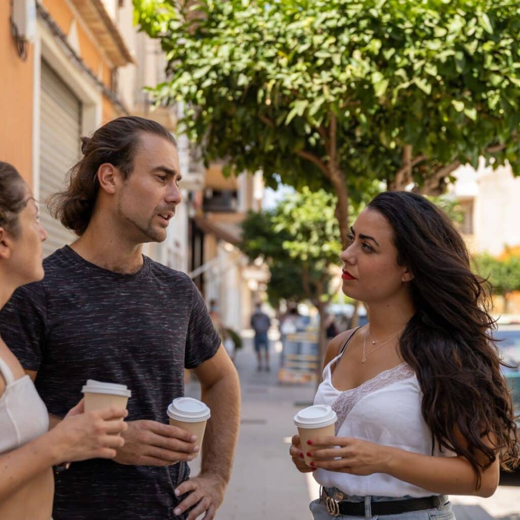 eine Gruppe von Menschen steht mit Kaffeetassen auf einem Bürgersteig der Jedermann