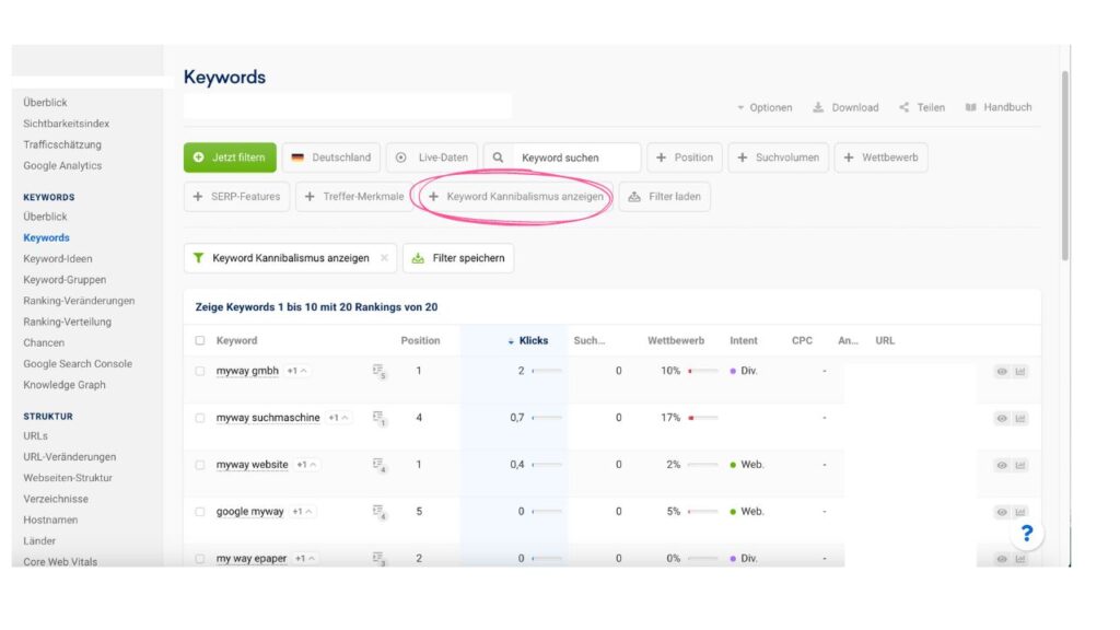 Keyword Kannibalisierung anzeigen